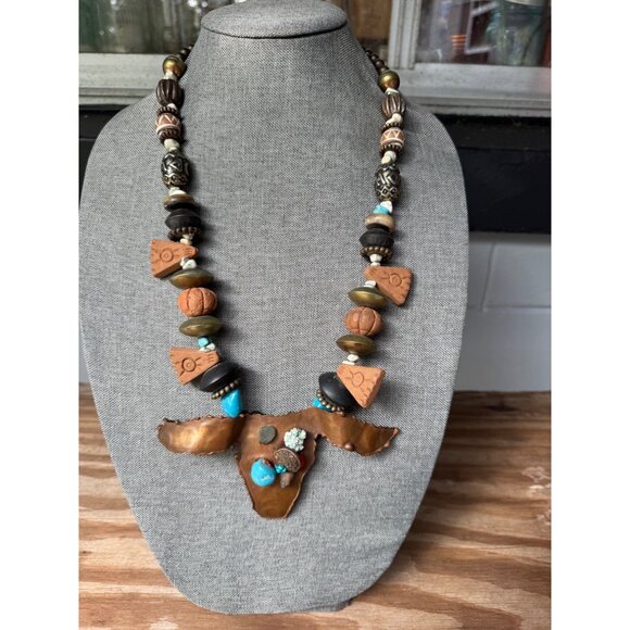 Handcrafted Boho Tribal Necklace With Bull Head Pendant Mixed Beads & Turquoise - Picture 1 of 6